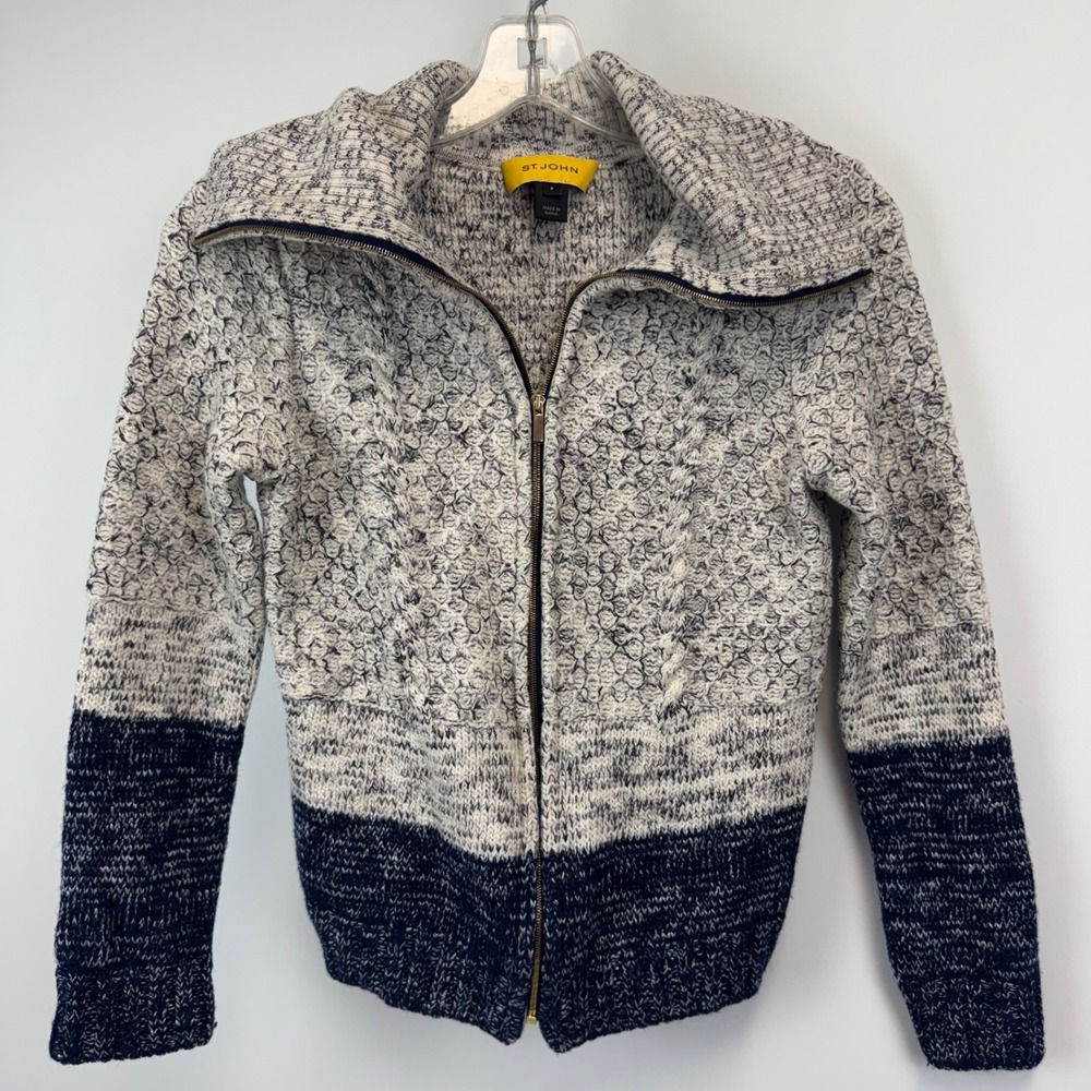 St. John Womens Wool Blend‎ Full Zip Knit Sweater Navy Cream Colorblock Size P